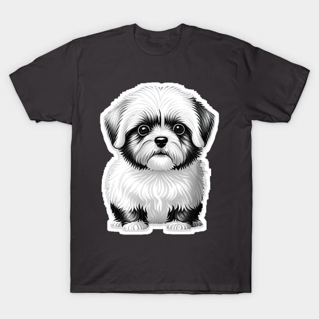 Black & White Cartoon Illustration of a Havanese Puppy T-Shirt by SymbioticDesign